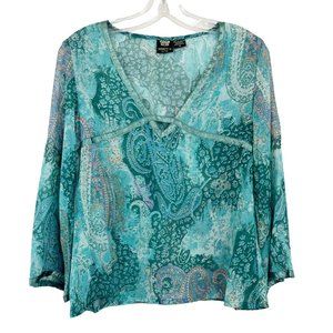 Vintage Y2K Paisley Print Sheer Long Sleeve Blouse Boho Indie Bohemian SMALL